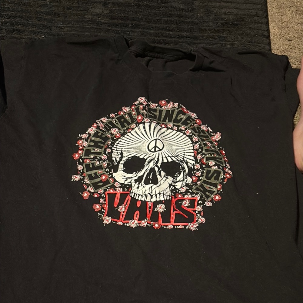 Black Graphic Tee with Skull and Floral Design